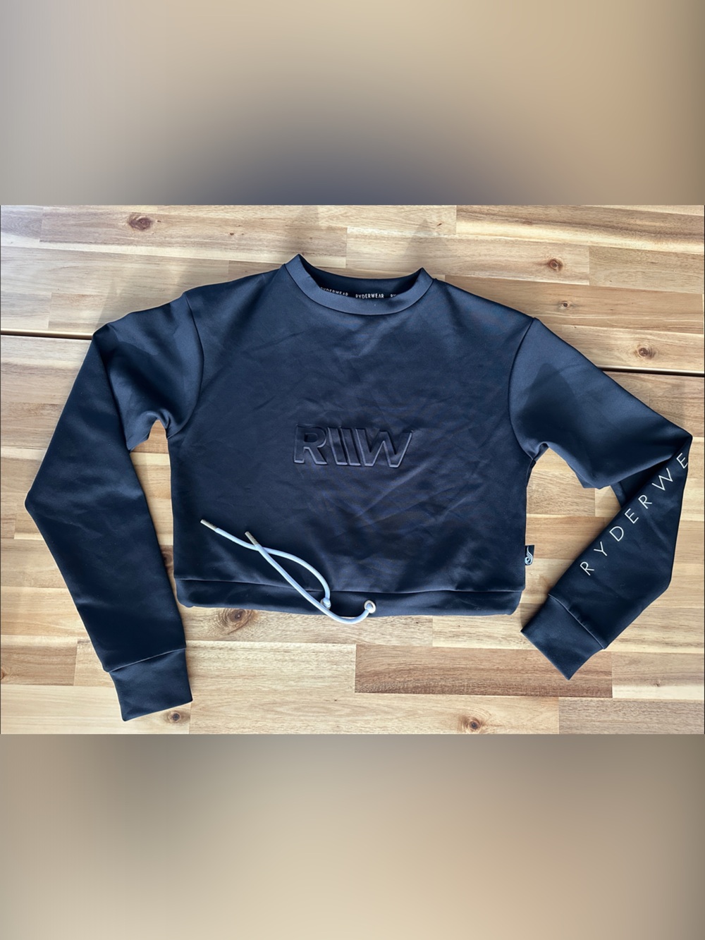 Ryderwear Black Embossed RYDW Crop Crewneck Sweatshirt with Contrast Drawcord